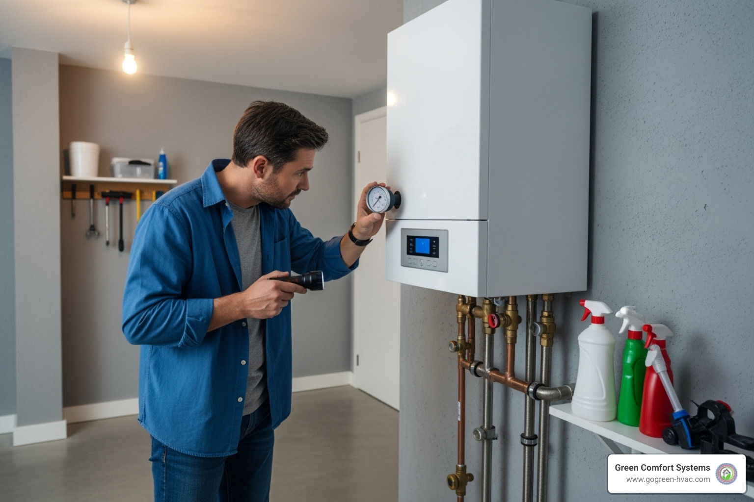 A homeowner checking their boiler's pressure gauge in a clean utility room - boiler repair forest hill A homeowner checking their boiler's pressure gauge in a clean utility room - boiler repair forest hill