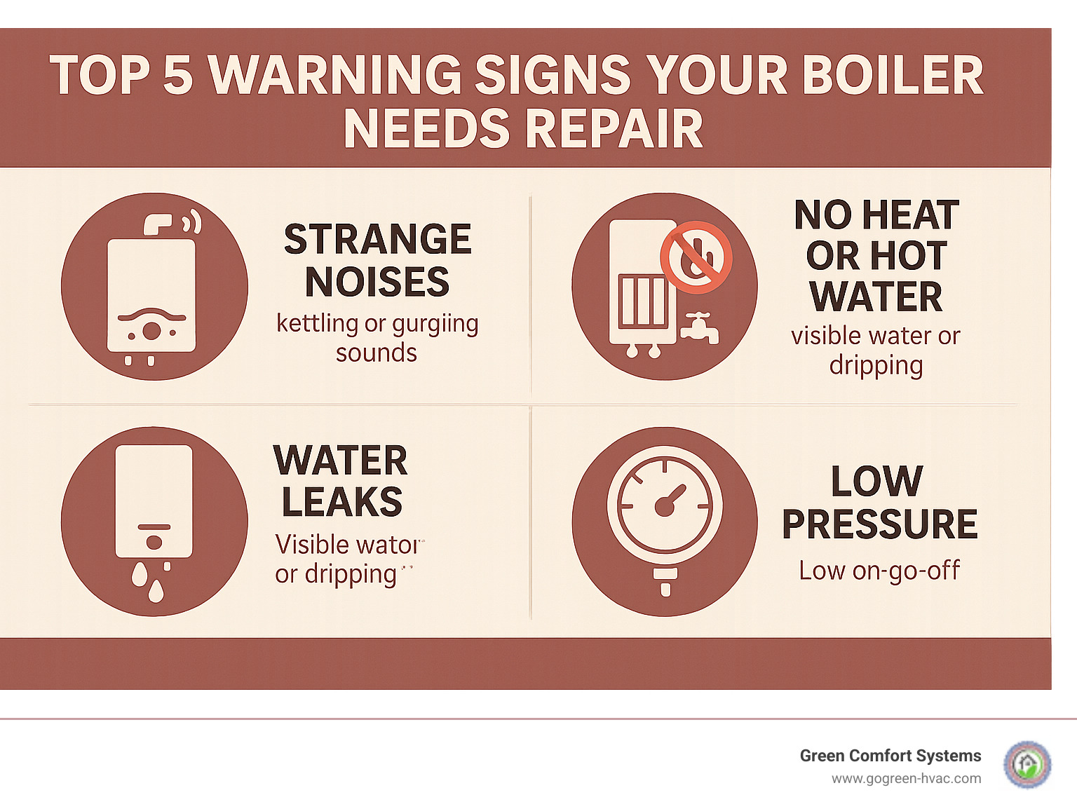 Comprehensive infographic showing the top 5 warning signs that indicate immediate boiler repair needs: strange noises like kettling or gurgling sounds, complete loss of hot water or heating, visible water leaks or dripping around the unit, pilot light that won't stay lit or keeps going out, and low boiler pressure readings on the gauge - boiler repair forest hill infographic Comprehensive infographic showing the top 5 warning signs that indicate immediate boiler repair needs: strange noises like kettling or gurgling sounds, complete loss of hot water or heating, visible water leaks or dripping around the unit, pilot light that won't stay lit or keeps going out, and low boiler pressure readings on the gauge - boiler repair forest hill infographic
