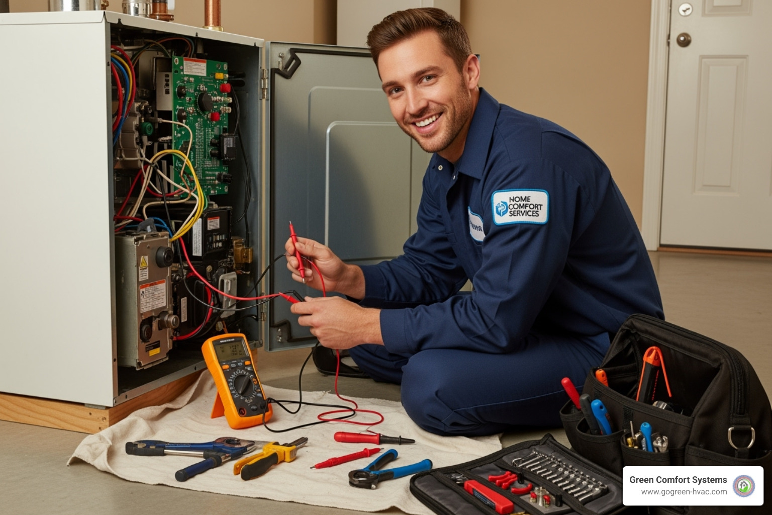 A certified Green Comfort Systems technician working on a boiler with specialized tools and a friendly, professional demeanor - boiler repair forest hill A certified Green Comfort Systems technician working on a boiler with specialized tools and a friendly, professional demeanor - boiler repair forest hill