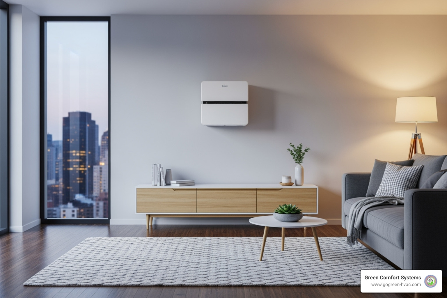 Ductless mini-split unit mounted on a wall, providing efficient heating and cooling for a single zone - new heating system Ductless mini-split unit mounted on a wall, providing efficient heating and cooling for a single zone - new heating system