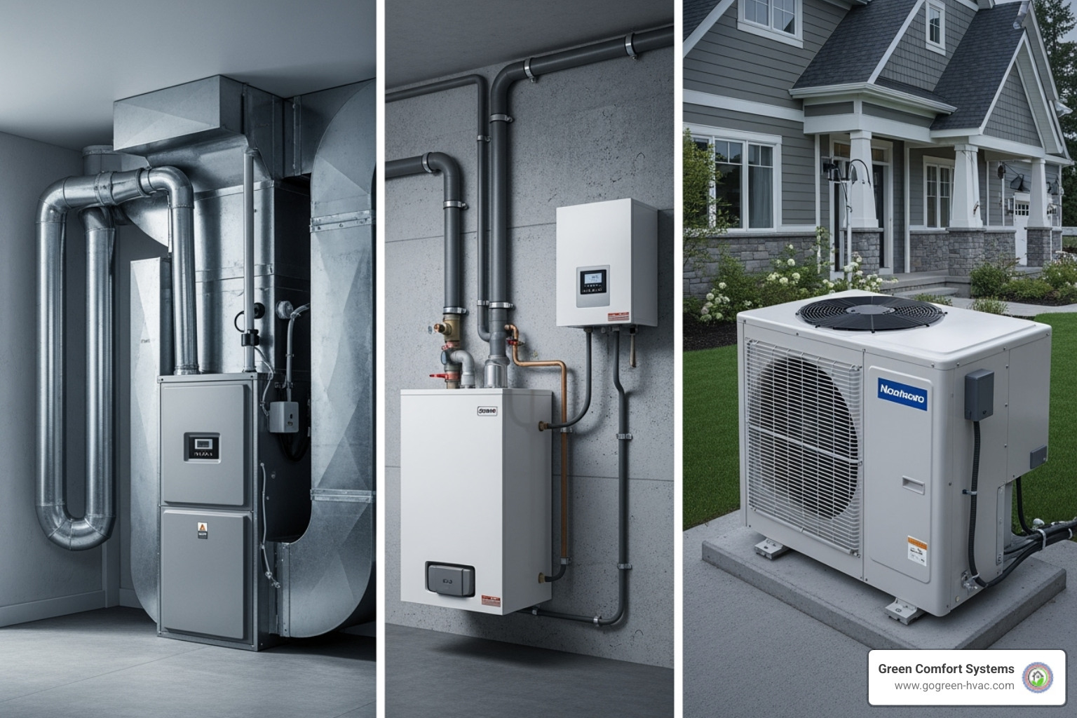 Components of a modern heating system including a furnace, an outdoor heat pump unit, and a boiler - new heating system Components of a modern heating system including a furnace, an outdoor heat pump unit, and a boiler - new heating system