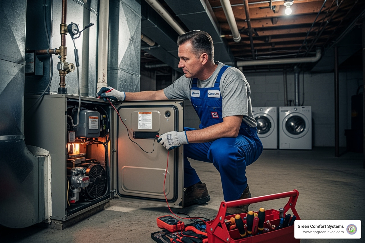 HVAC technician servicing a furnace, checking components and performing maintenance - new heating system HVAC technician servicing a furnace, checking components and performing maintenance - new heating system