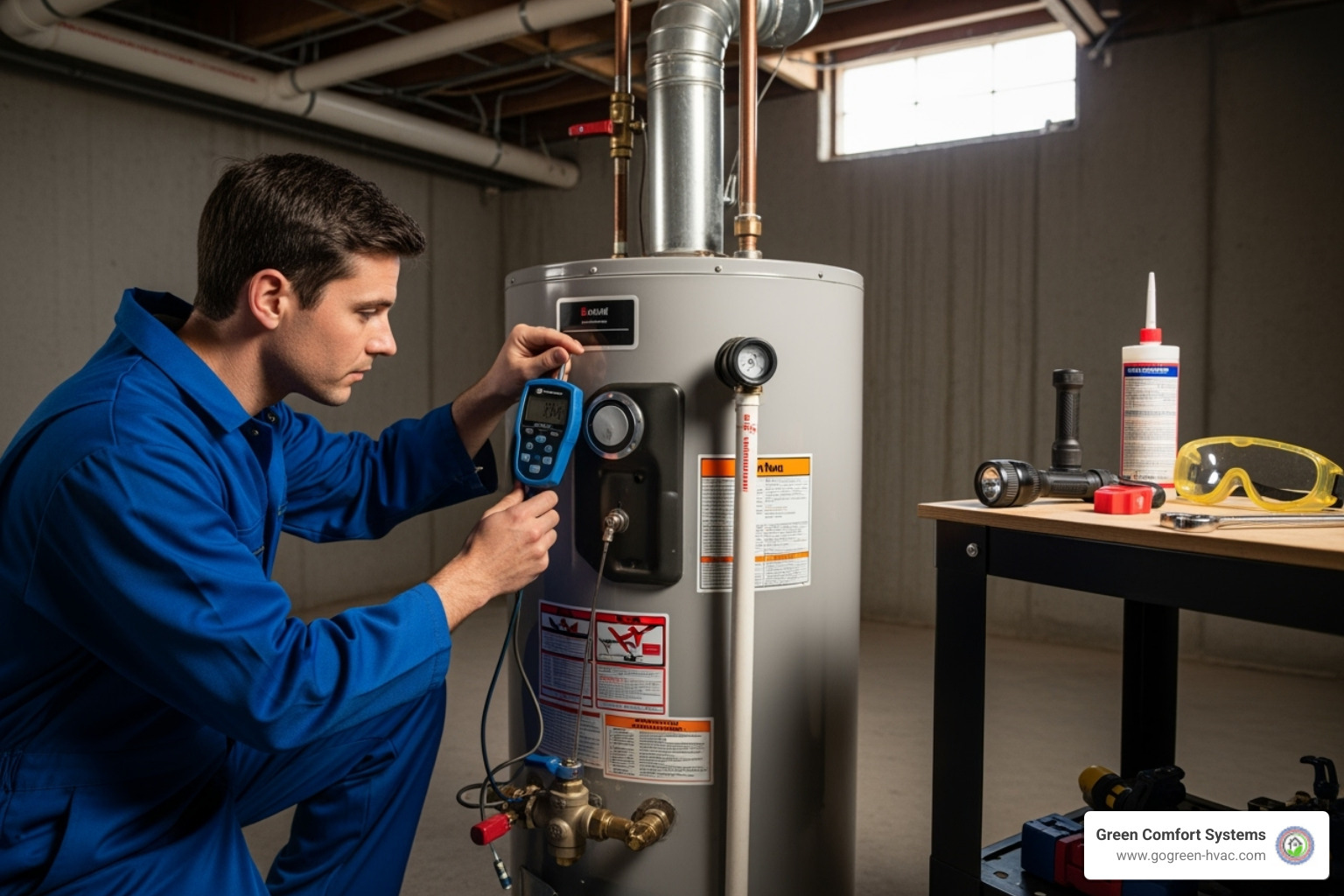 professional technician safely inspecting a gas water heater connection - water heater repair forest hills