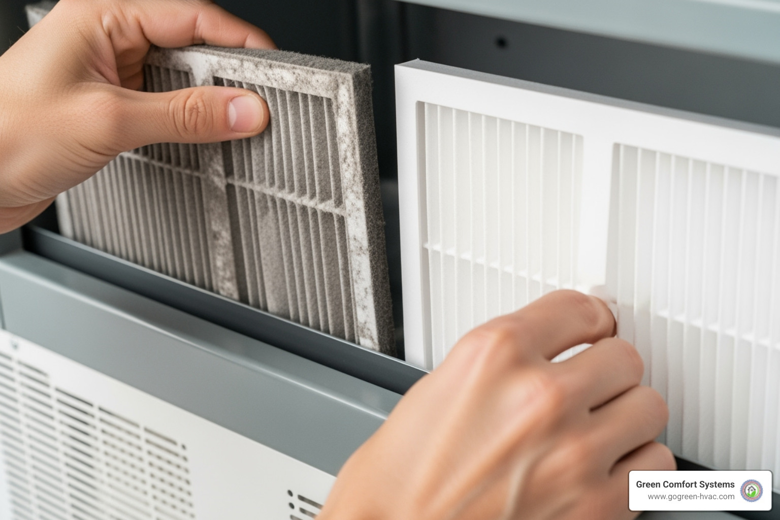 A homeowner replacing a dirty air filter next to a clean one - Heat pump tune up