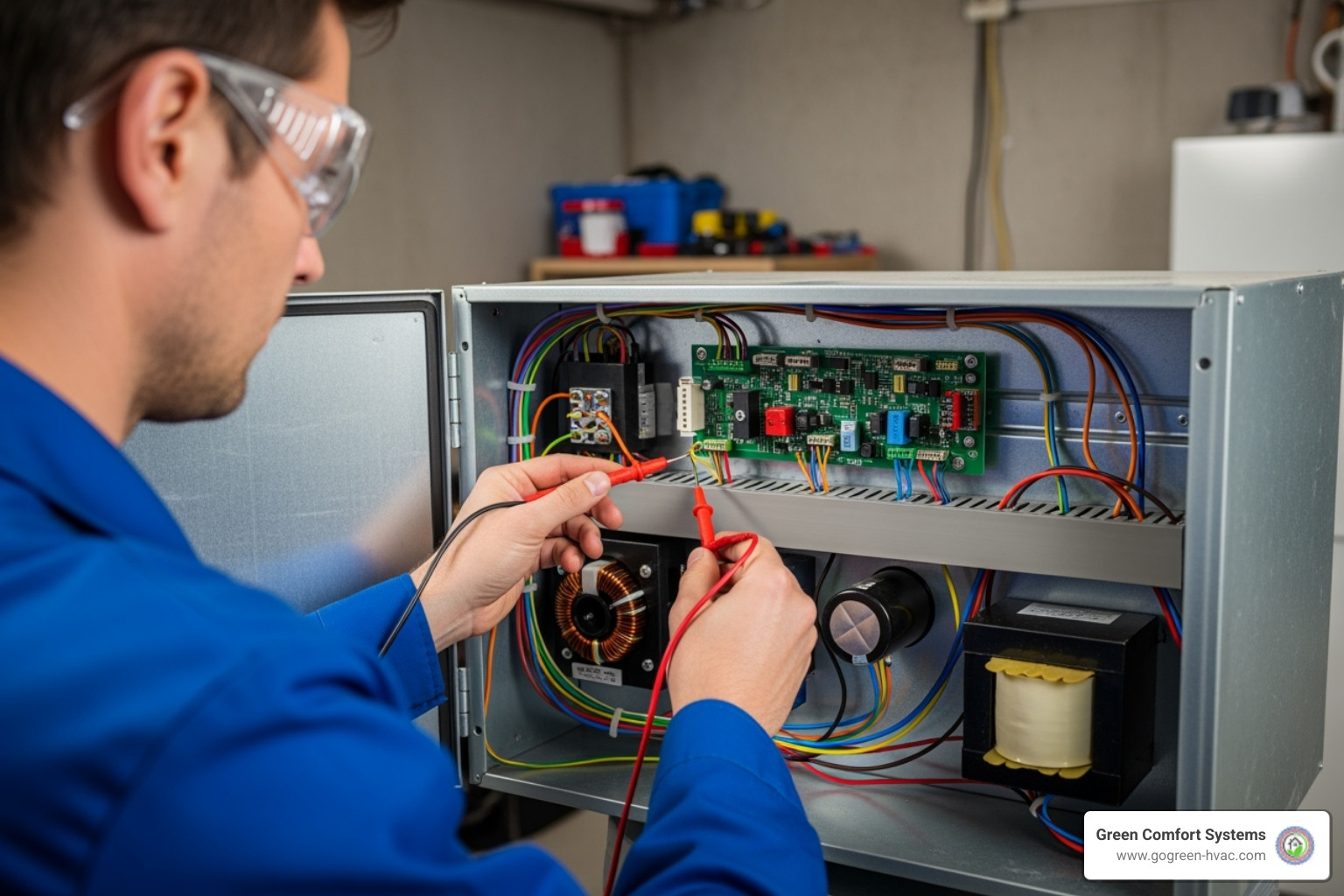 A technician checking electrical components on an indoor air handler - Heat pump tune up