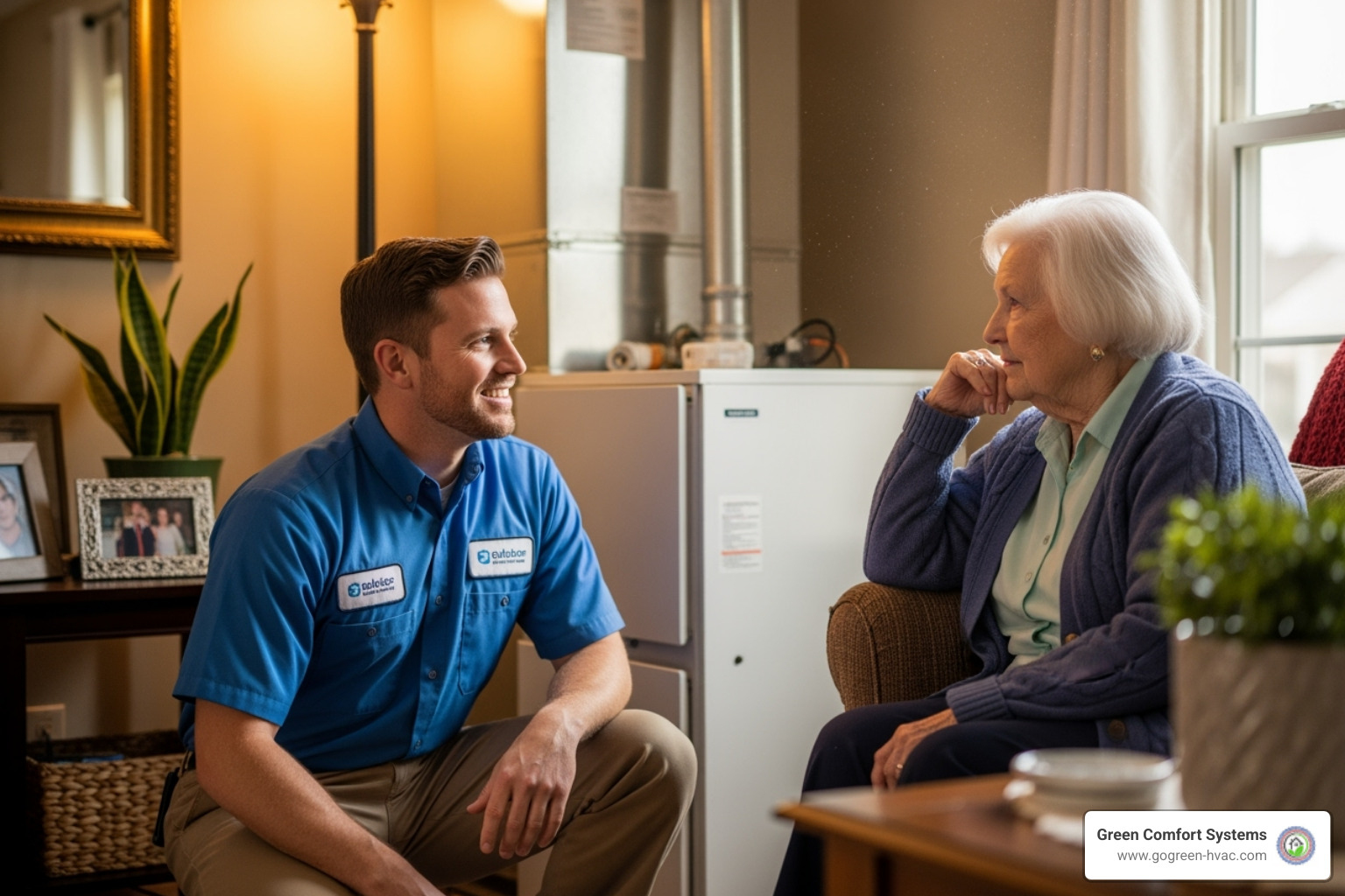 friendly HVAC technician talking with a senior homeowner - senior discount HVAC
