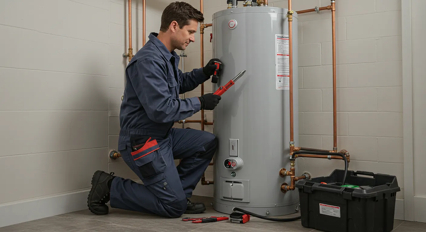 A plumber kneels and inspects a gray water heater, holding a red tool in a tiled room.