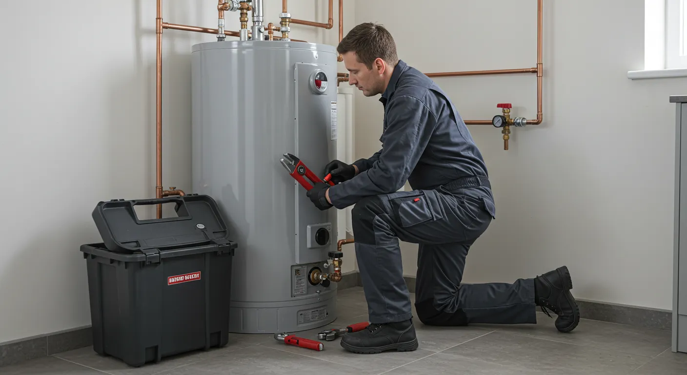 A plumber in a gray uniform kneels and works on a gray water heater with a toolbox.