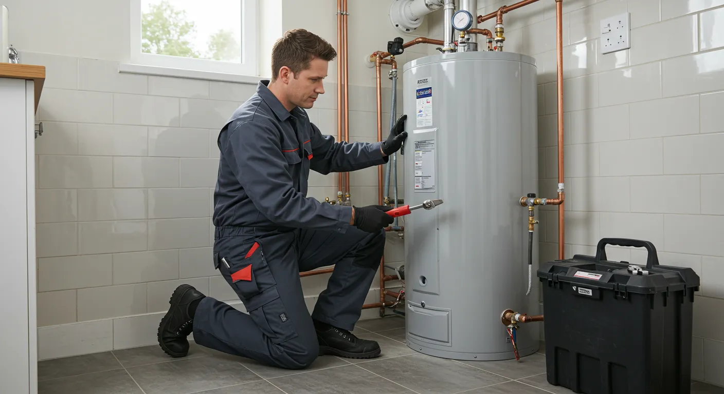 A plumber kneels and uses a wrench to repair a gray water heater with a toolbox nearby.