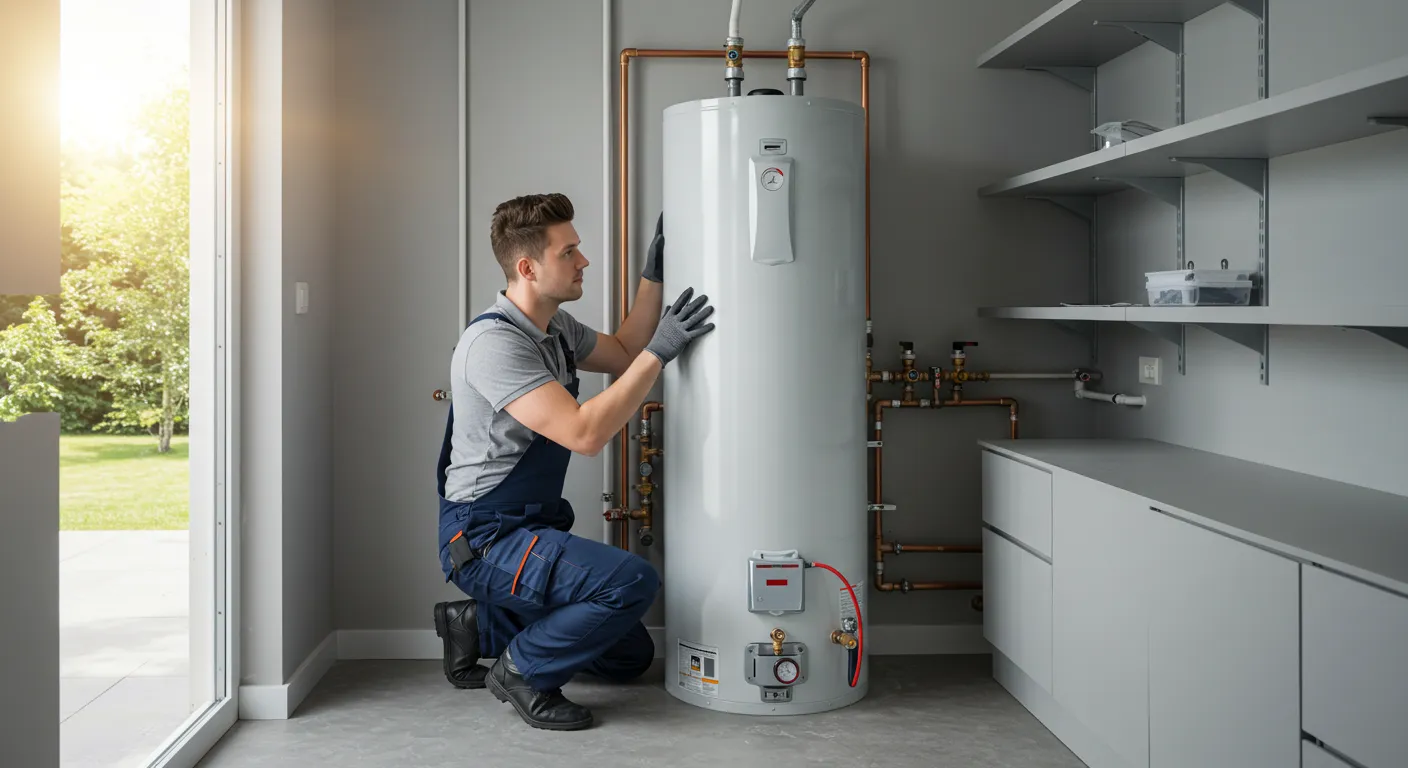 A plumber kneels and adjusts a gray water heater in a modern utility room with gray cabinets.
