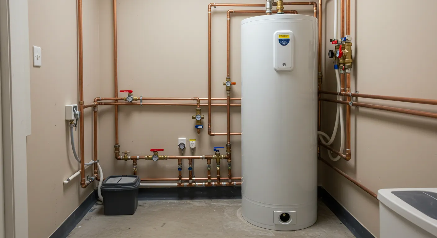A white water heater tank in a room with tan walls and a complex copper pipe system.