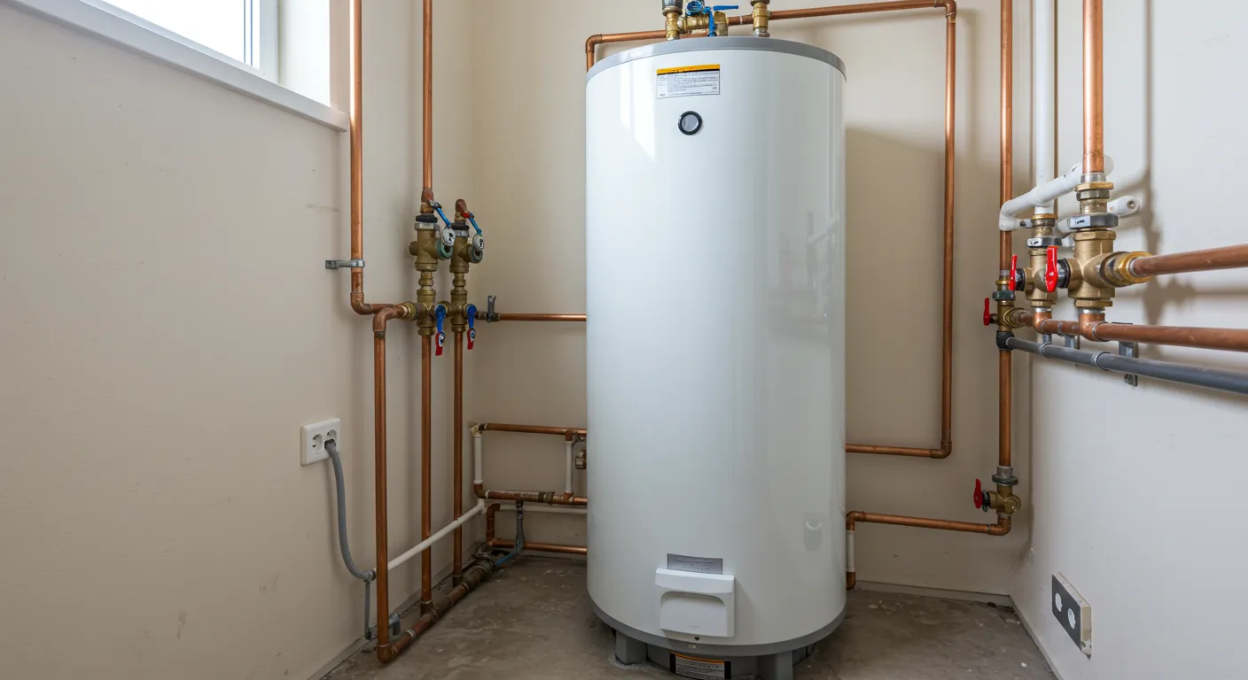 A white water heater in a room with light brown walls and an intricate copper piping system.