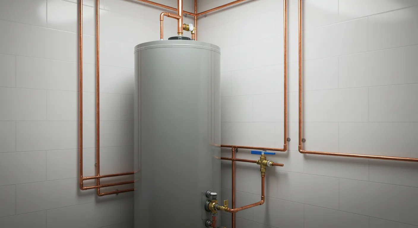 A gray water heater tank in a white tiled room with extensive copper piping.