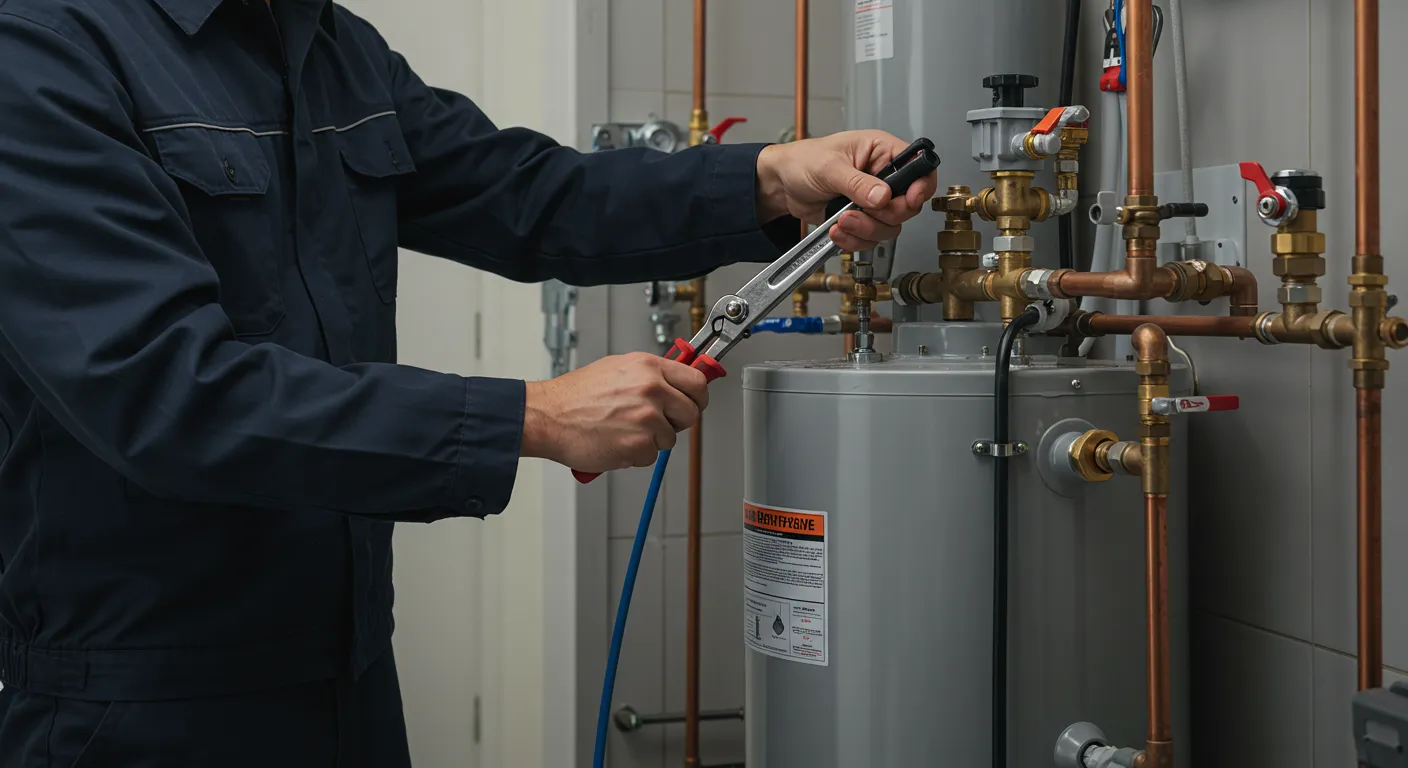 A close-up of a plumber's hands working on a gray water heater tank with a wrench.