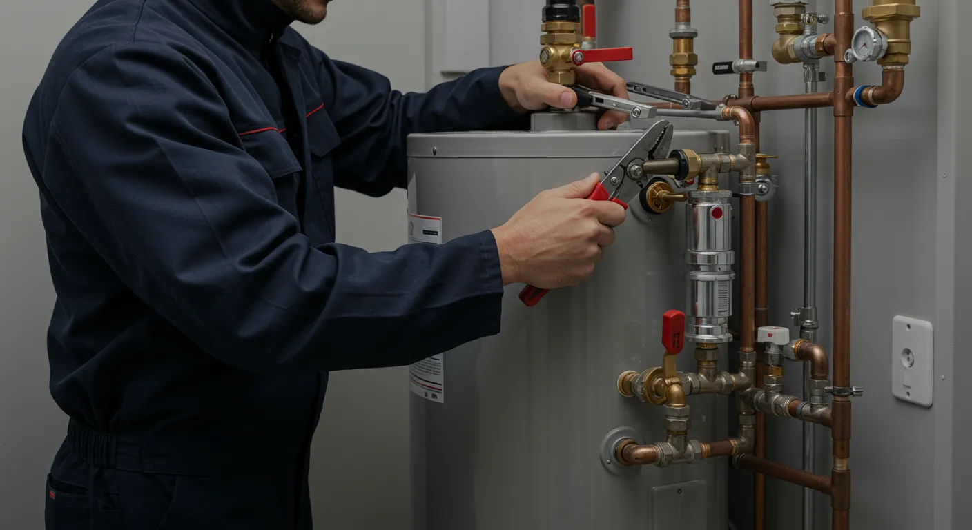 A professional plumber uses a wrench to repair the fittings on a gray residential water heater.