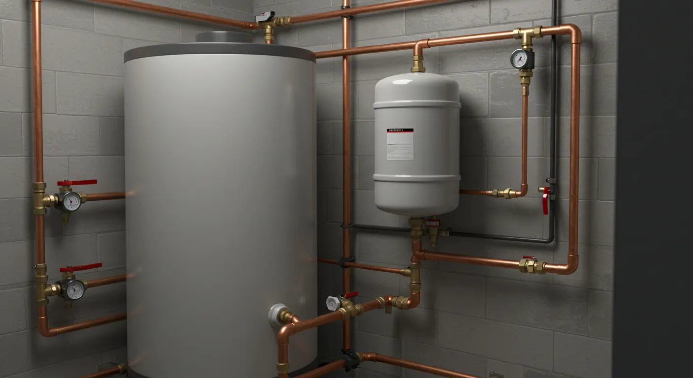 A detailed view of a white water heater and expansion tank with copper pipes and gauges.