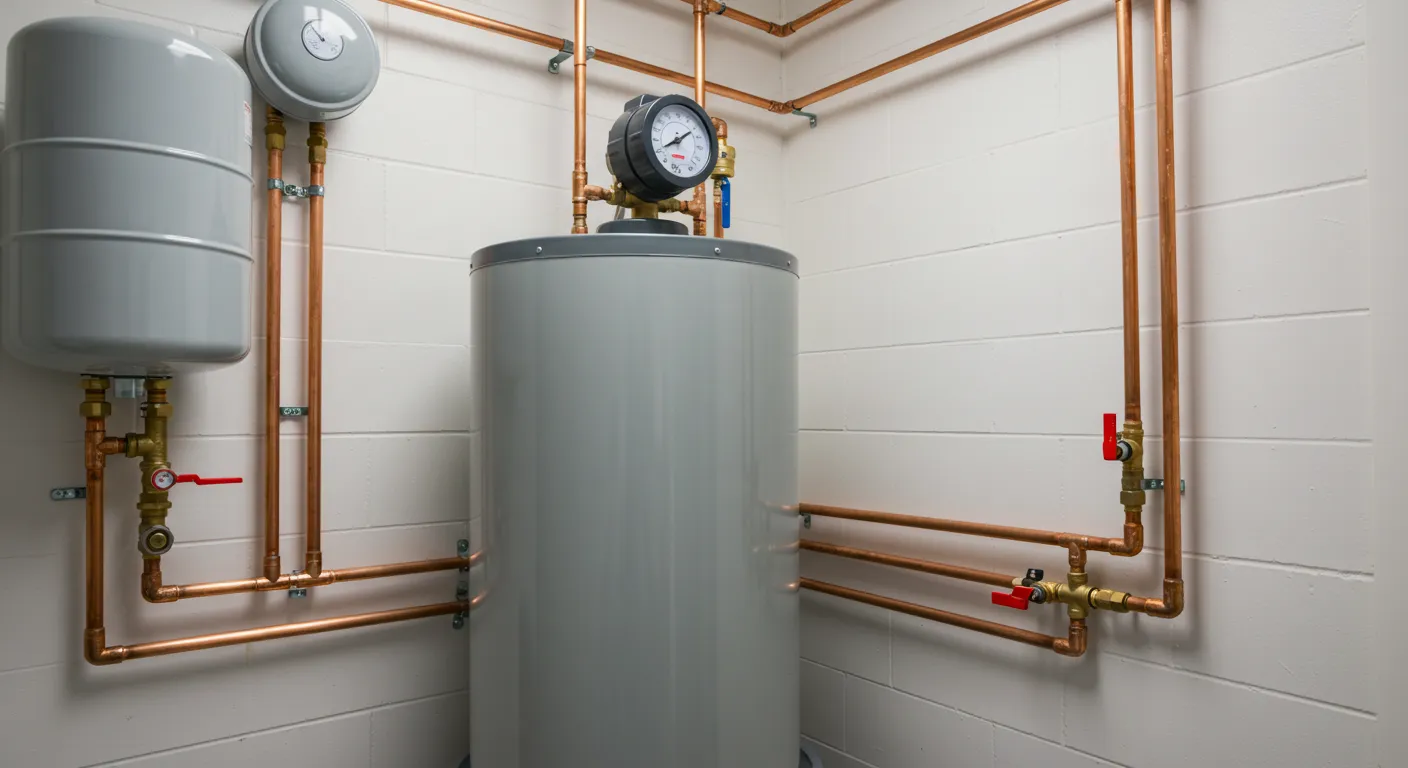 A close-up view of a gray water heater with a pressure gauge and a gray expansion tank.