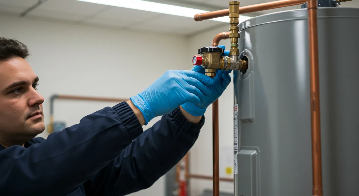 A close-up of a plumber's gloved hands using a wrench on water heater fittings.