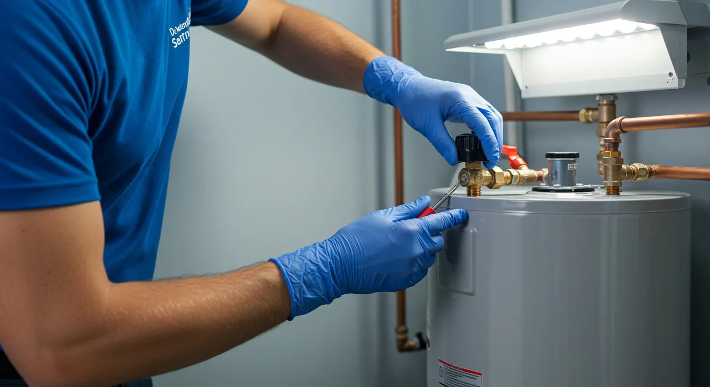 A close-up of a plumber in a blue shirt and gloves using a screwdriver on a water heater fitting.