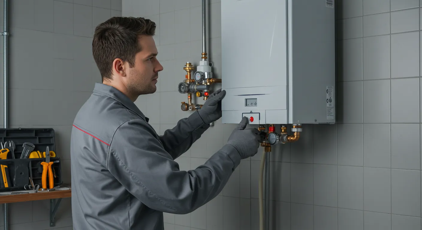 A plumber is shown pressing a button on the front of a wall-mounted tankless water heater while inspecting the unit.