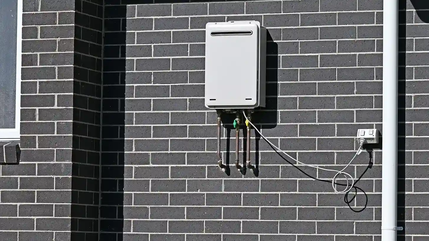 A small, white tankless water heater is mounted on a dark grey brick exterior wall of a house, with pipes and an electrical outlet visible below.