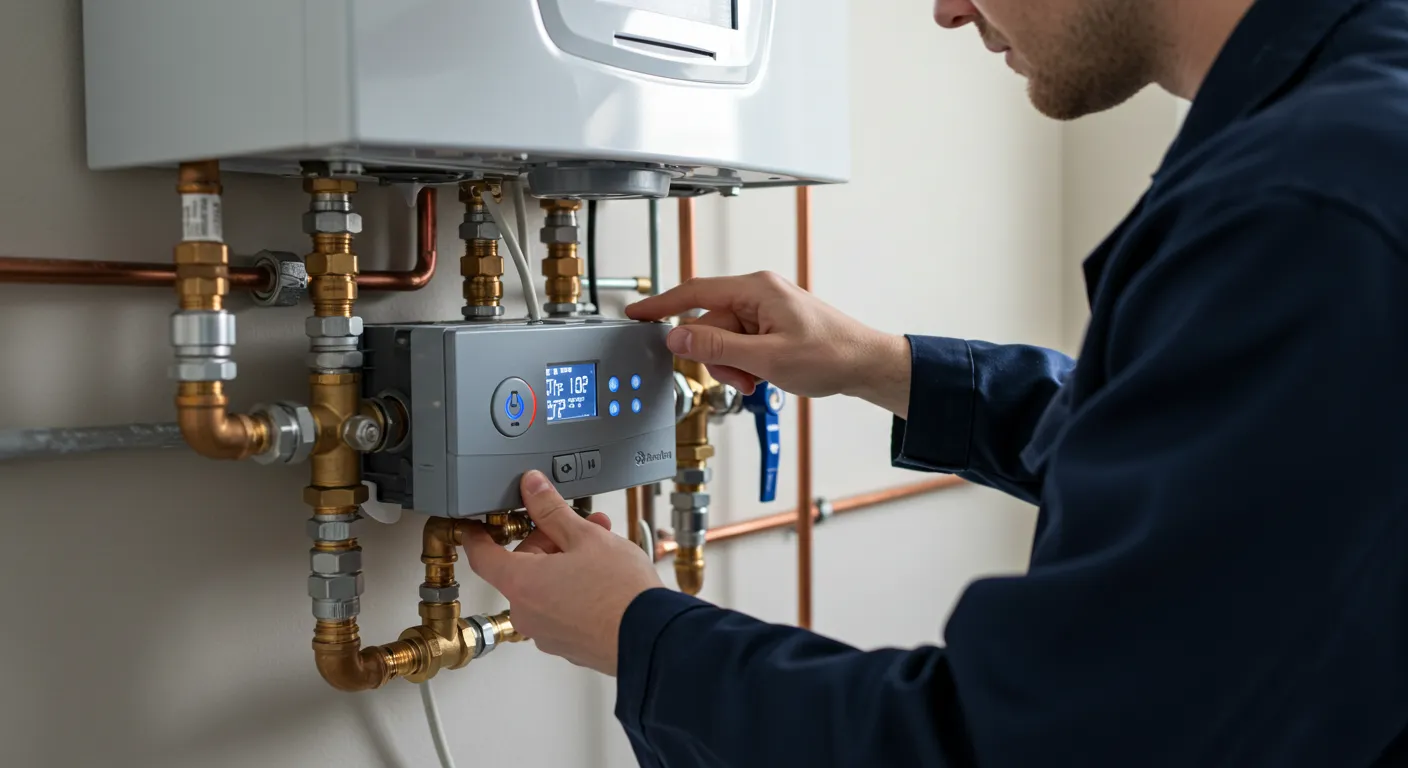 A repairman's hands adjust the control panel settings of a tankless water heater.