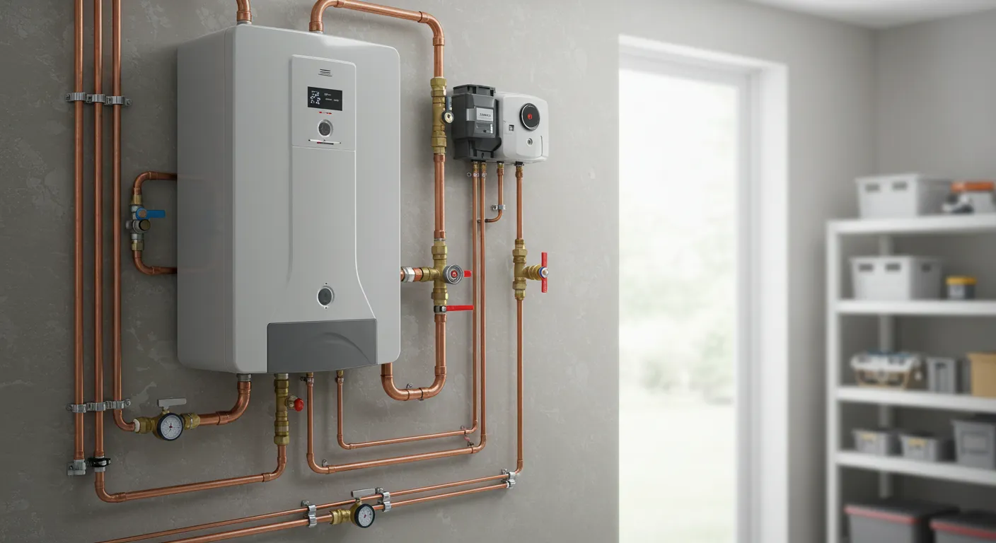 A close-up of a modern tankless water heater and its copper pipe installation in a residential room.