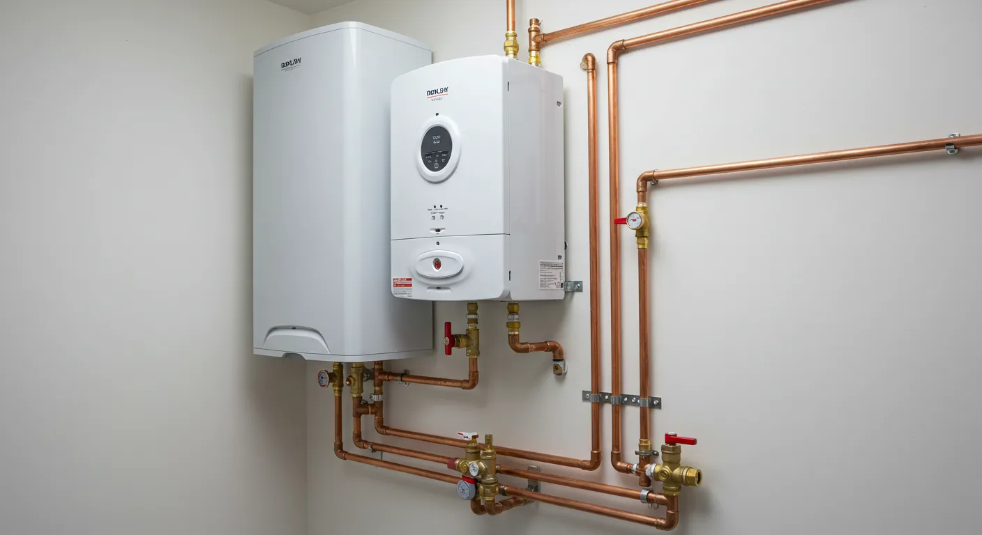 A large white tankless water heater and storage tank mounted on a wall with extensive copper piping.