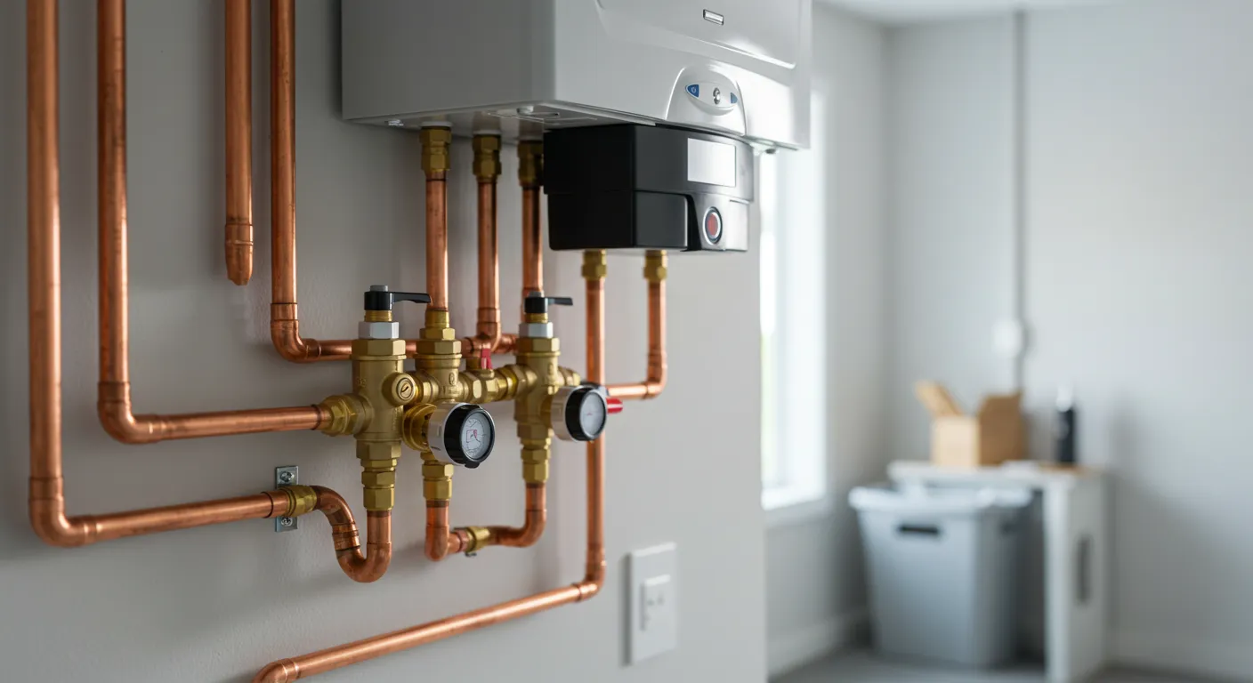 A wall-mounted tankless water heater with a complex network of shiny copper pipes and brass valves.
