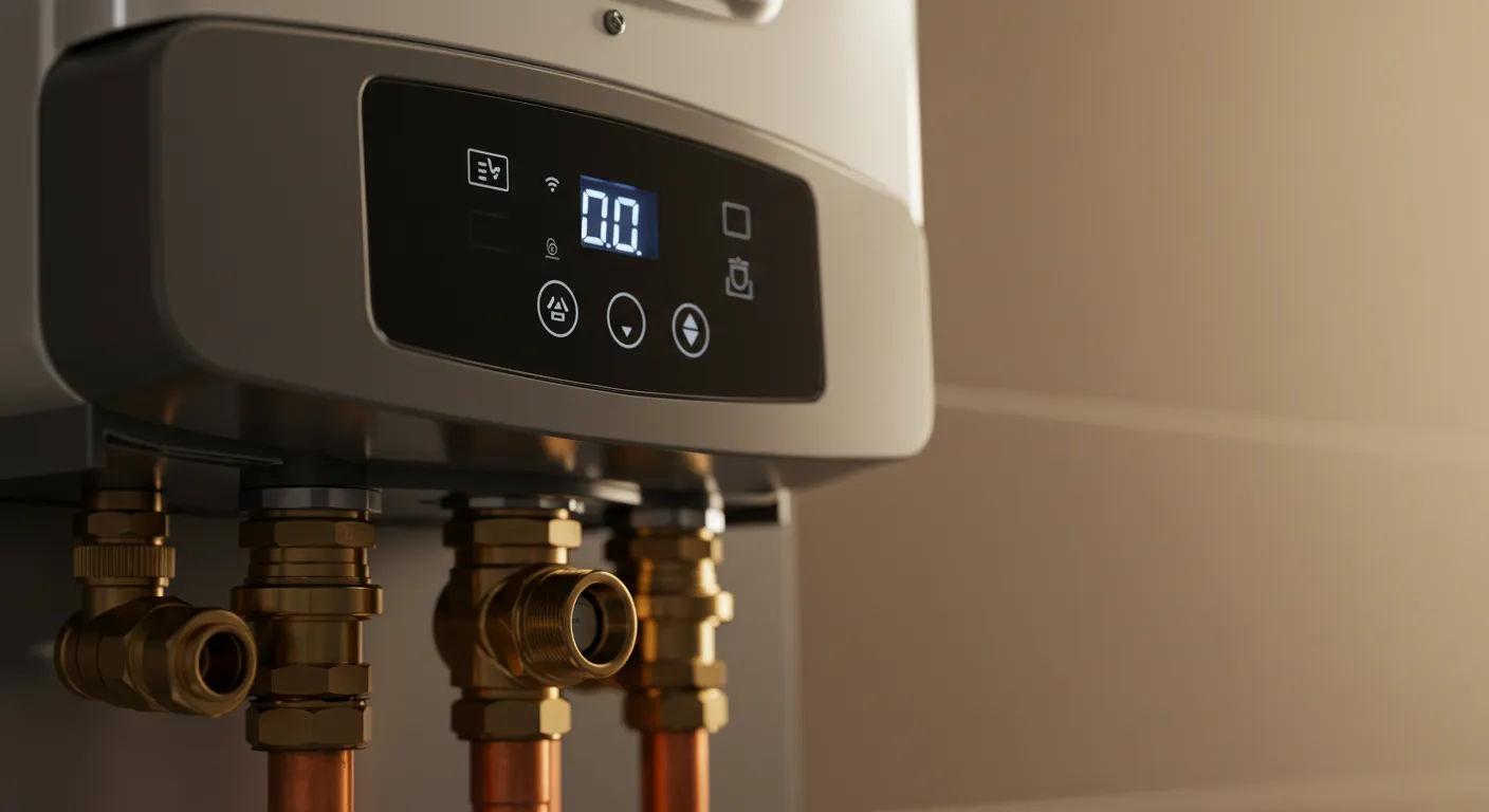 A detailed shot of a modern tankless water heater's digital display and brass fittings.