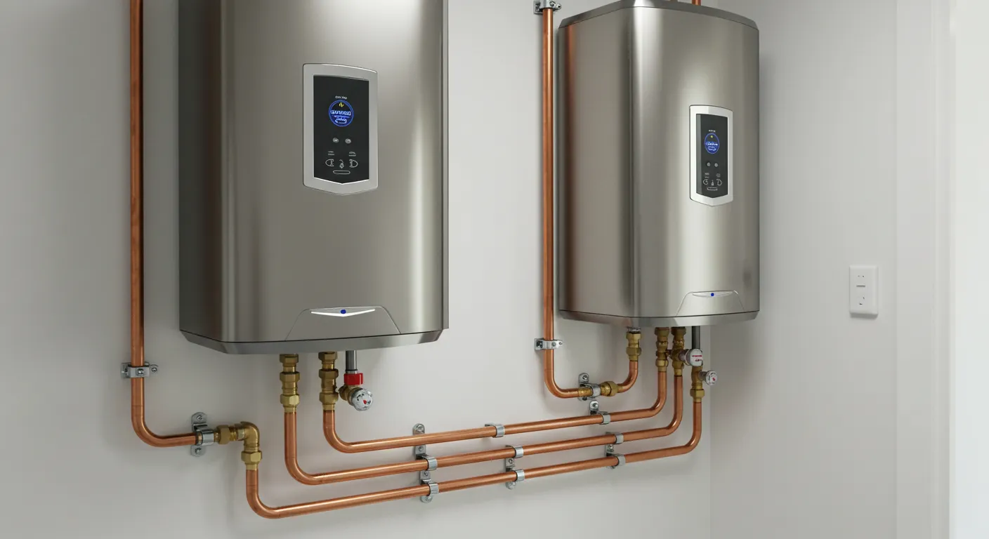 Two stainless steel, wall-mounted tankless water heaters with sleek digital displays and copper piping.