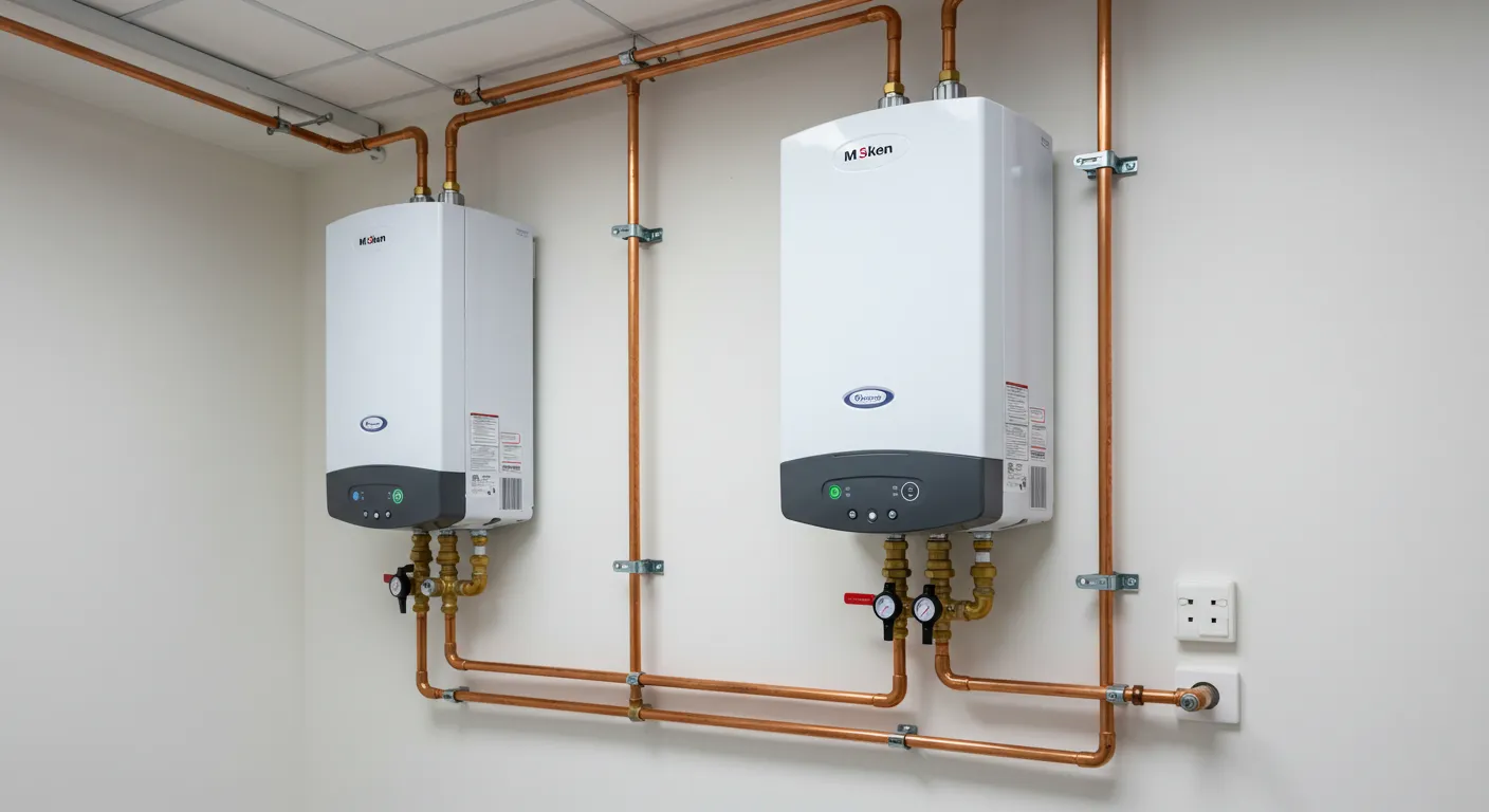 Two white tankless water heaters wall-mounted with a complex copper plumbing network.