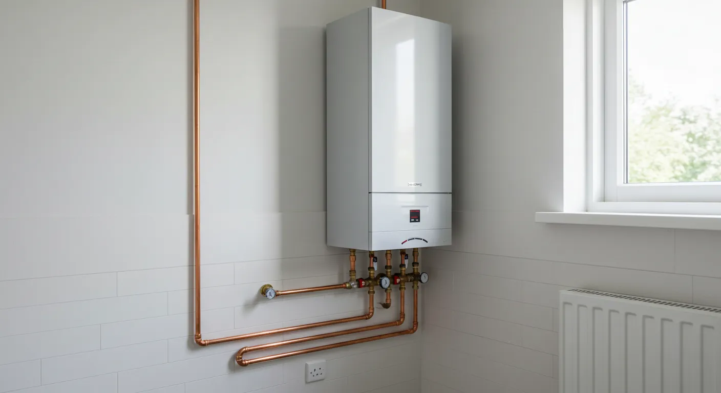 A clean, modern tankless water heater with copper plumbing installed in a bright, tiled room with a window.