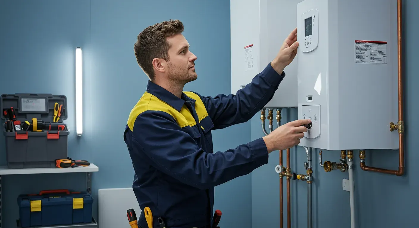 A technician in a blue and yellow uniform works on a wall-mounted water heater.