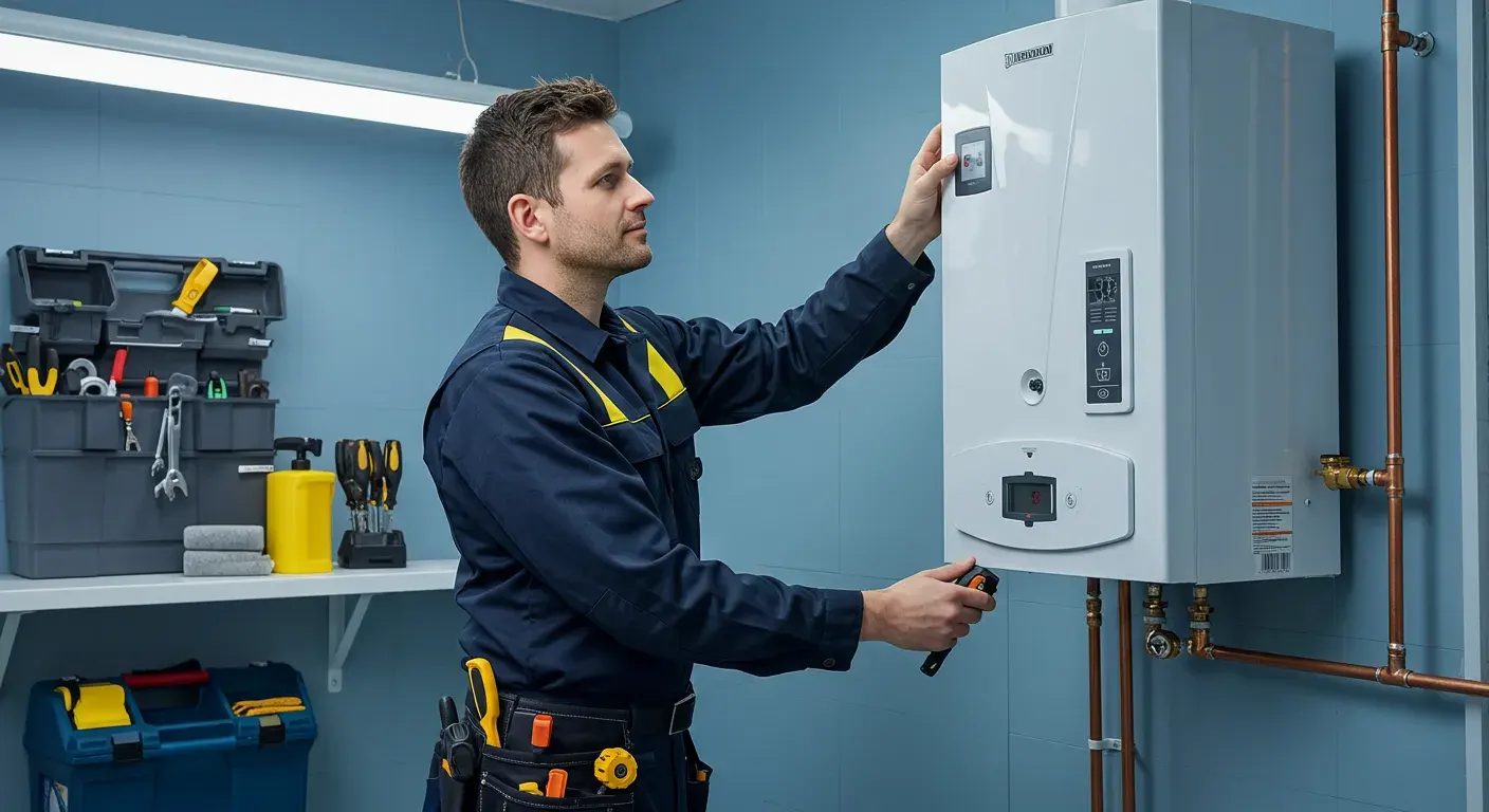 A technician with a tool belt adjusts the controls of a wall-mounted white water heater.