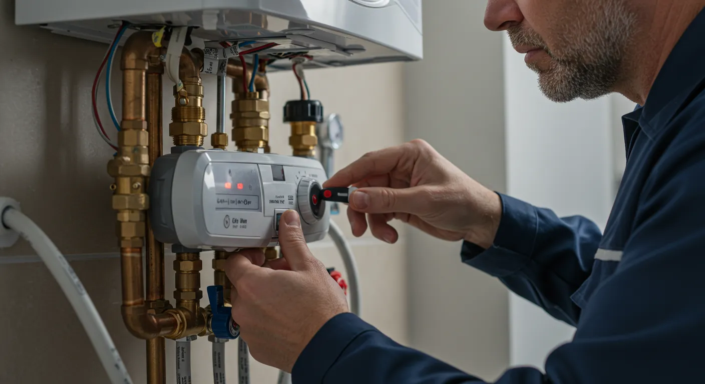 A plumber's hands service a water heater with copper pipes and a digital control panel.