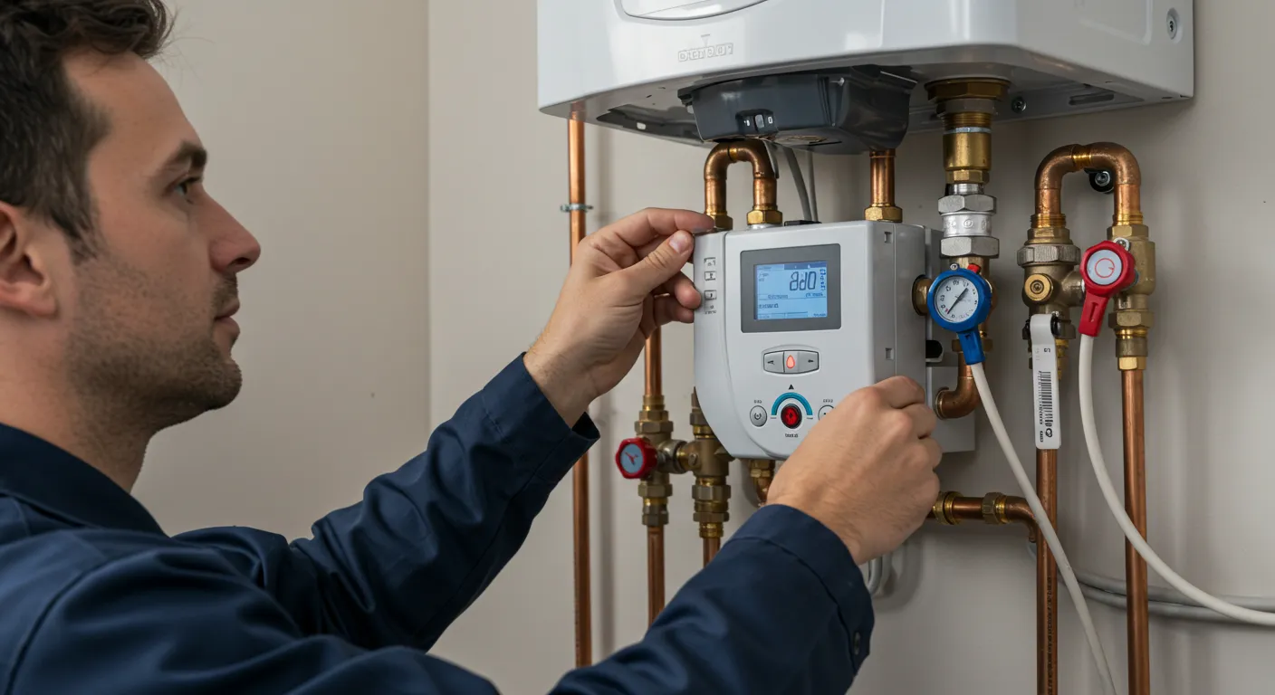 A technician in a blue jumpsuit adjusts the digital control panel of a water heater.