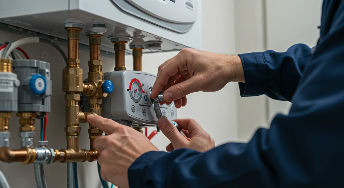 A close-up of a repairman's hands turning a knob on the control panel of a tankless water heater.