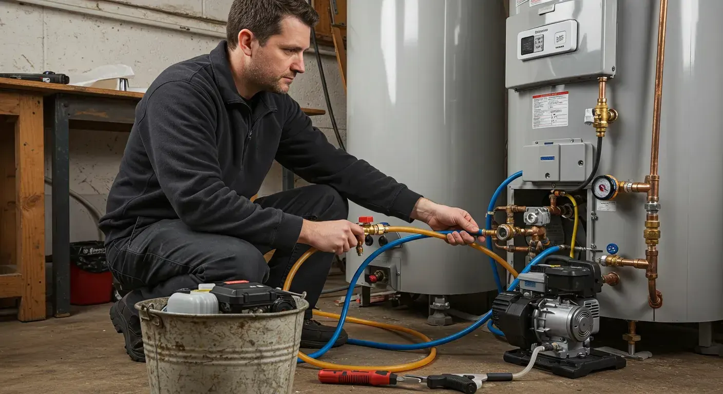 A technician uses a pump and hoses to perform maintenance on a large water heater and storage tank.