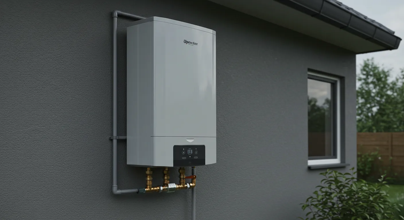 A modern gray tankless water heater installed on the dark gray exterior wall of a building.
