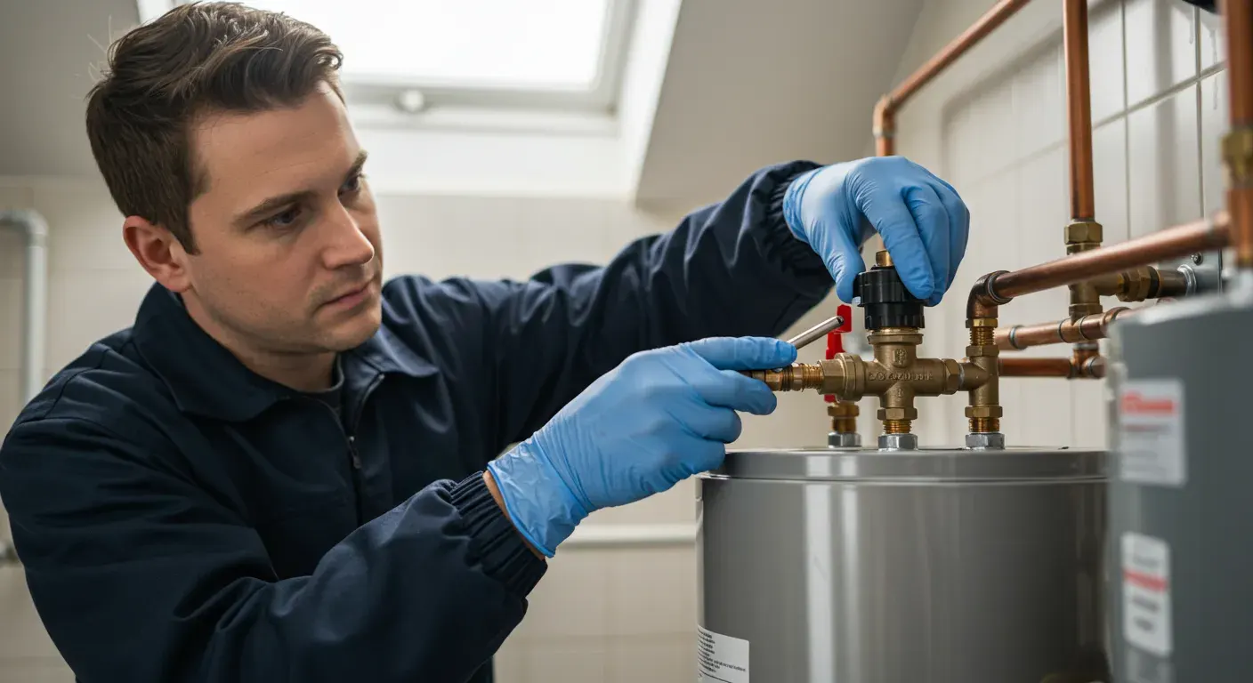 A close-up of a plumber in blue gloves using a wrench on copper pipes at the top of a water heater.