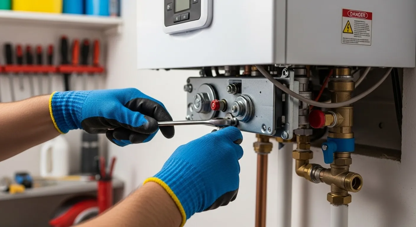 Gloves using wrench on boiler fitting.