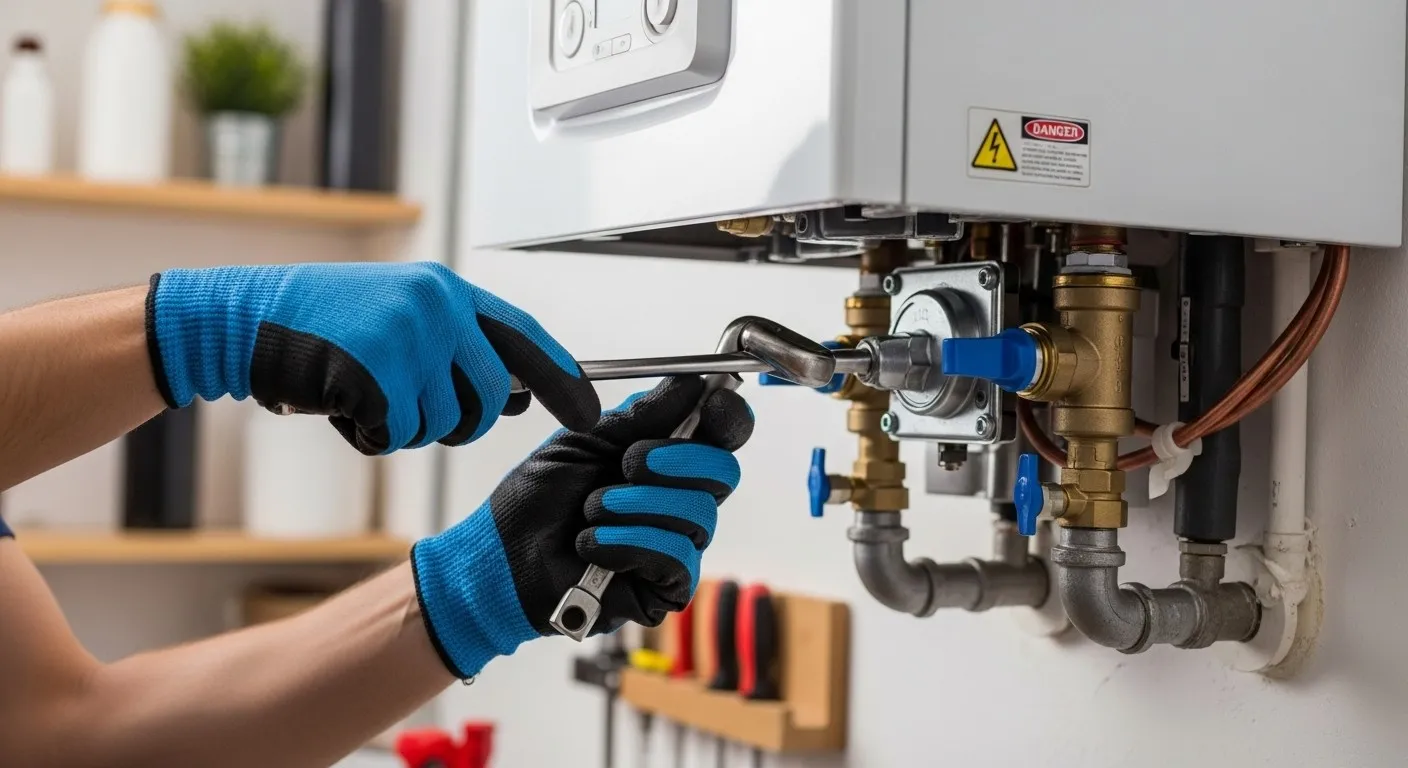 Plumber tightens valve on boiler pipes.