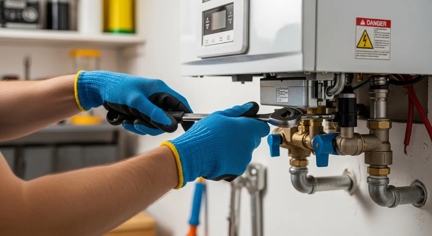 Technician tightening a boiler connection.