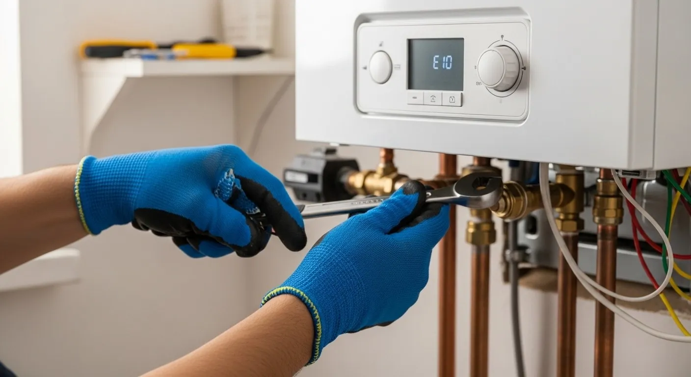 Hands tightening boiler pipe connection.