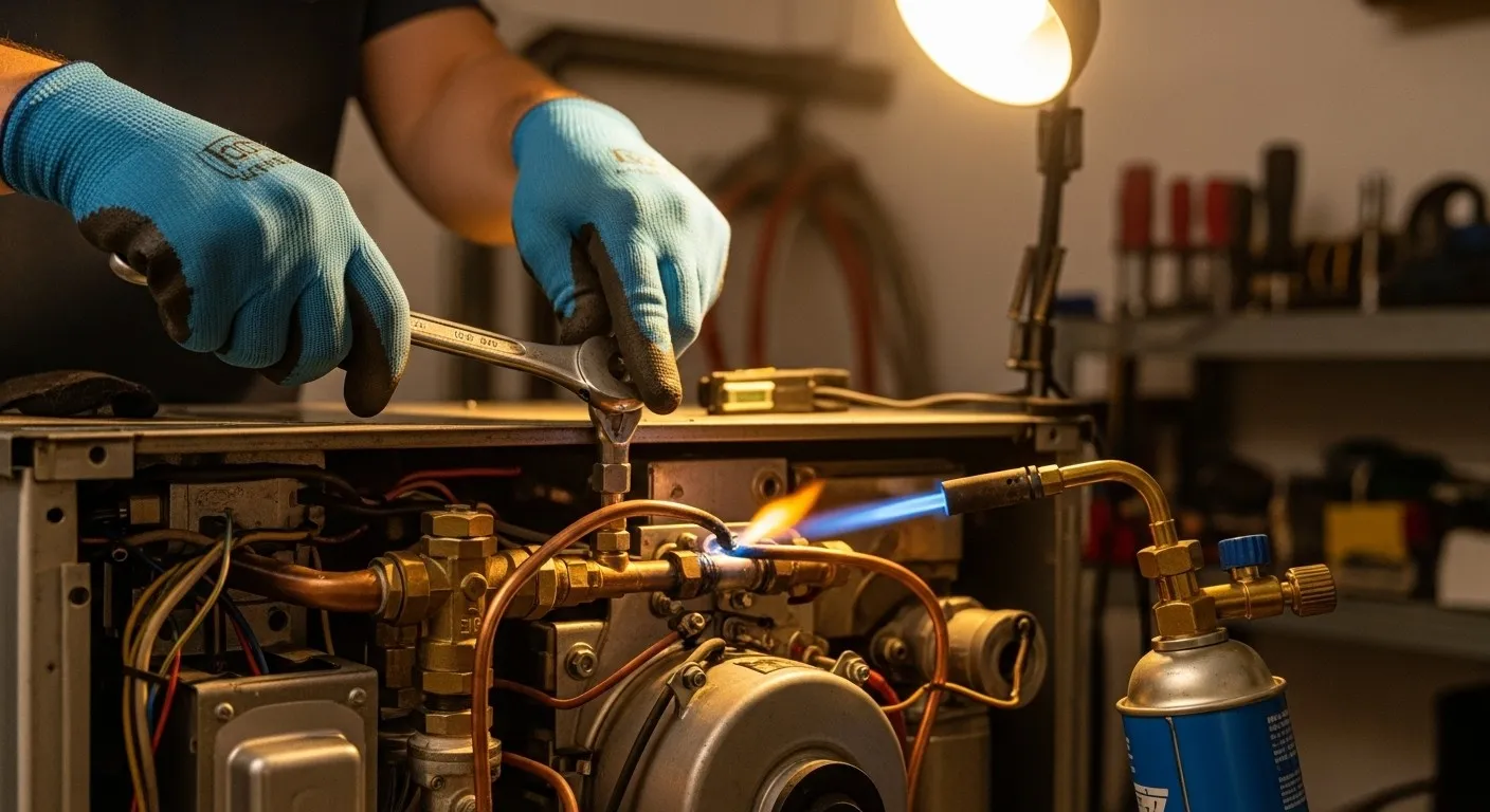 Repairman soldering copper pipe on boiler.