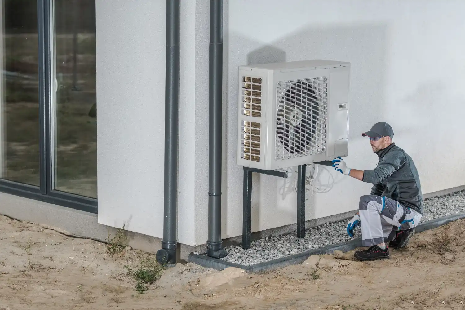  A technician wearing a grey uniform, cap, and gloves is kneeling to service or install a white outdoor HVAC unit (likely a heat pump or air conditioner condenser) mounted on a black stand against the white exterior wall of a building. Two dark vertical downspouts run down the wall next to the unit. The ground below the unit is covered with grey gravel and dark edging, while the foreground is bare dirt.