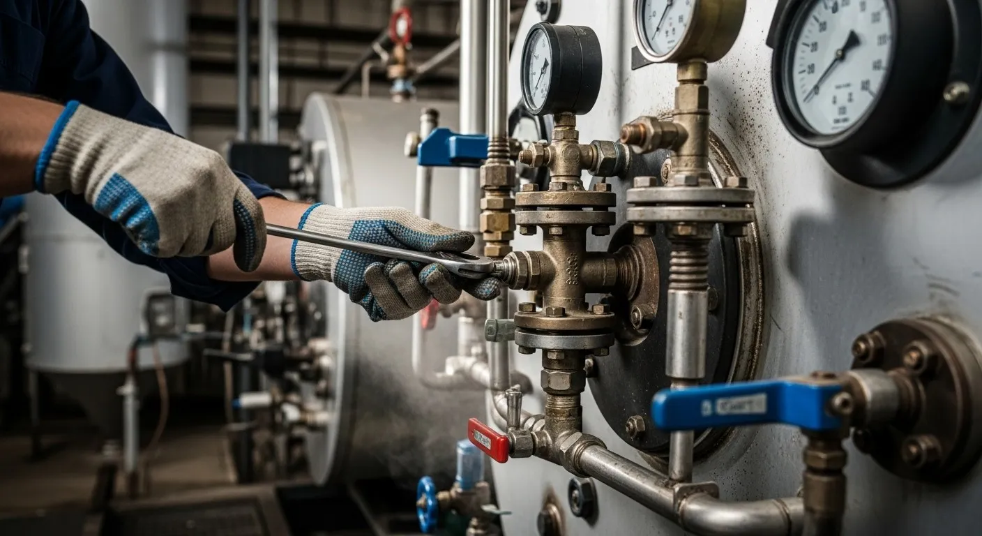Worker tightening industrial boiler pipes with wrench.