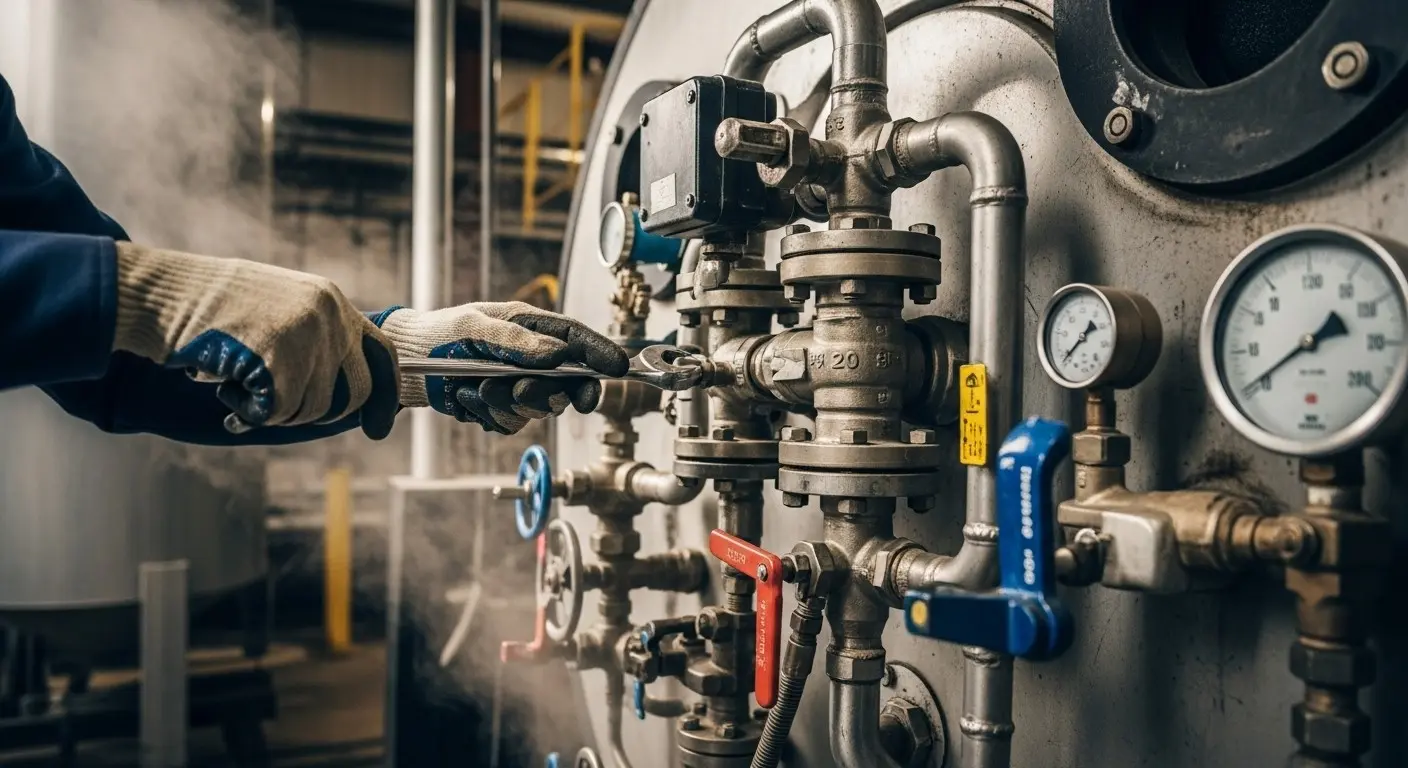 Technician adjusting industrial boiler pipes and valves.