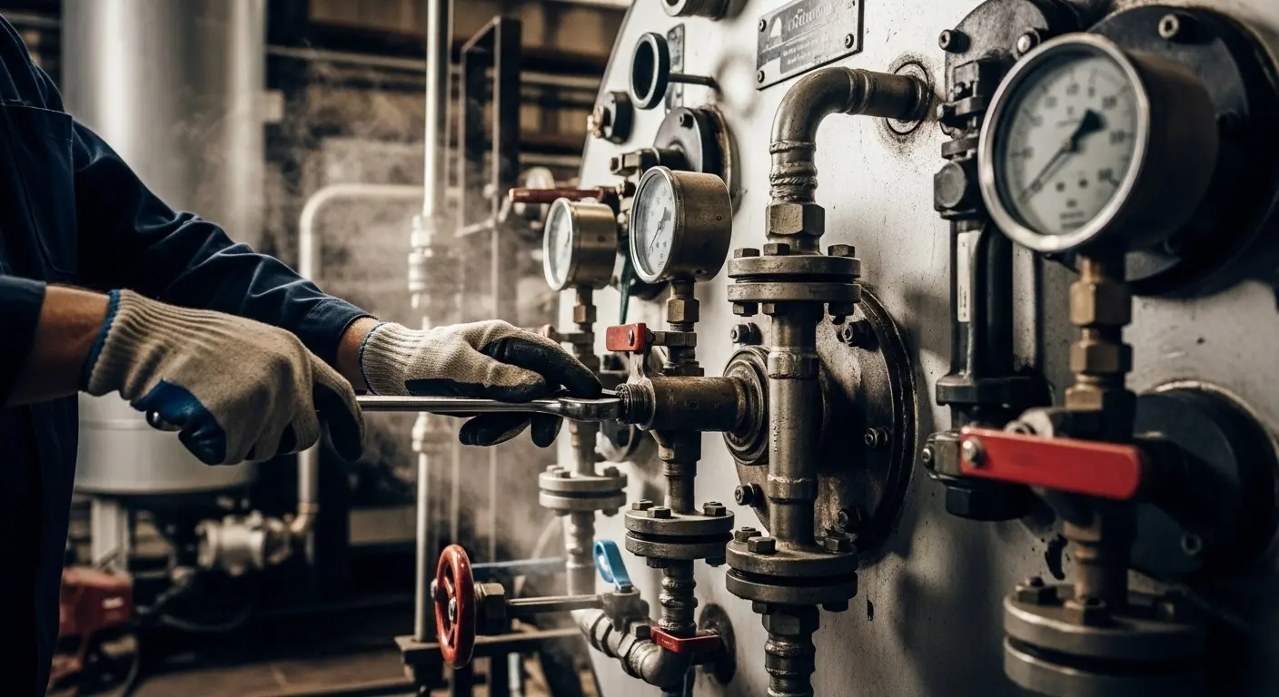 Technician adjusting industrial boiler pipes and gauges.